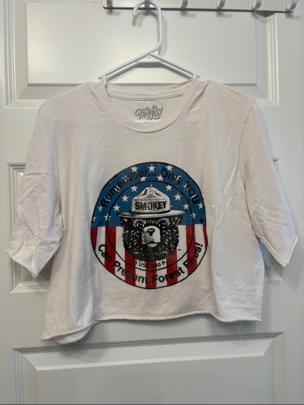 Smokey Bear Graphic Cropped Tee - White with Red & Blue Logo